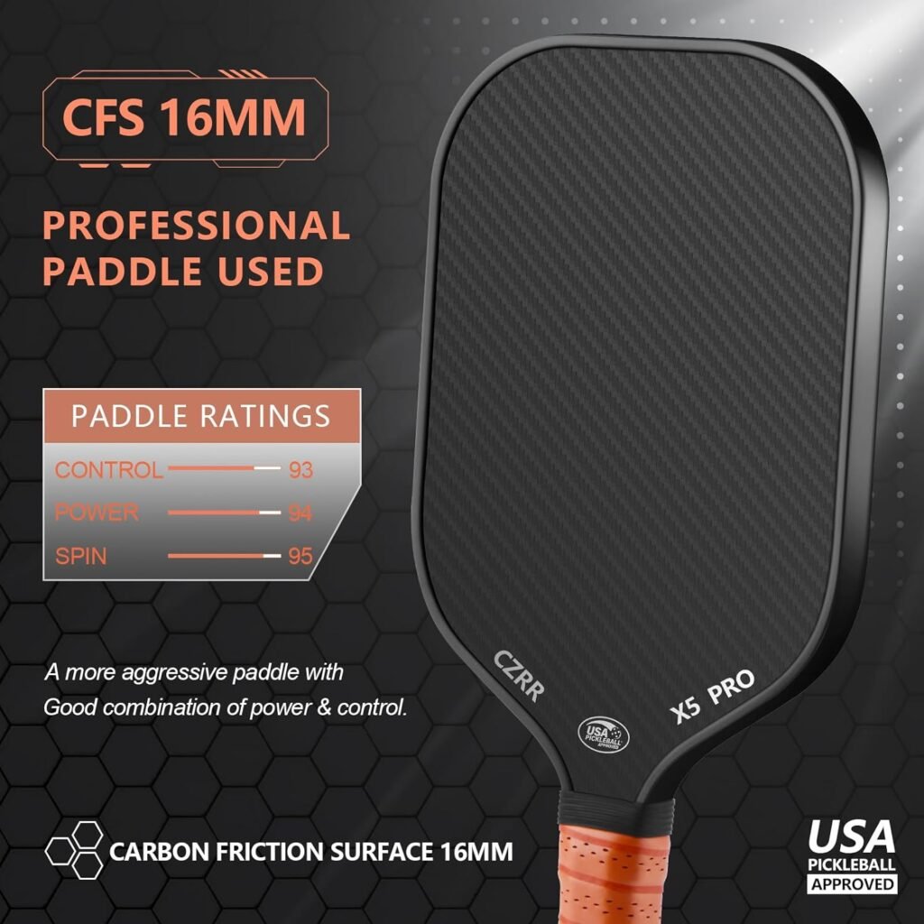 Pickleball Paddle, USA Pickleball Approved, 3K Raw Carbon Fiber Surface (CFS) High Grit  Spin, with 16MM Polypropylene Honeycomb Core, Ideal for Novice and Professional Players